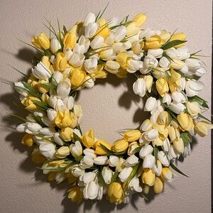 HANDMADE Yellow & White Tulip Wreath Spring Floral  Door Wreath Home Decor